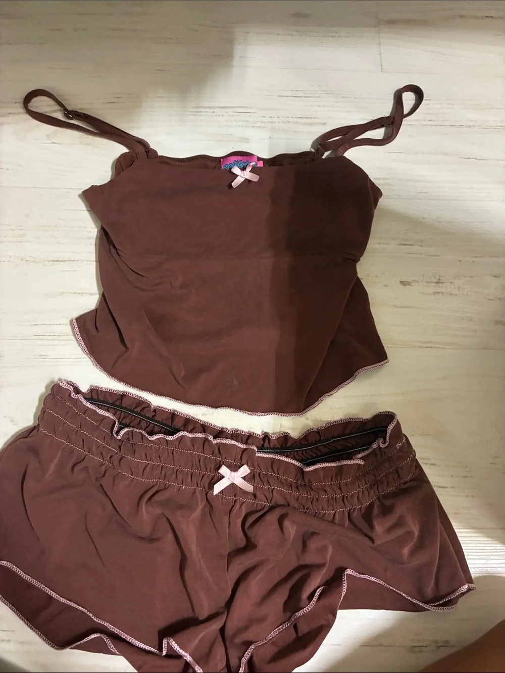 Edikted Brown Camisole & Shorts Sleep Set with Pink Accents